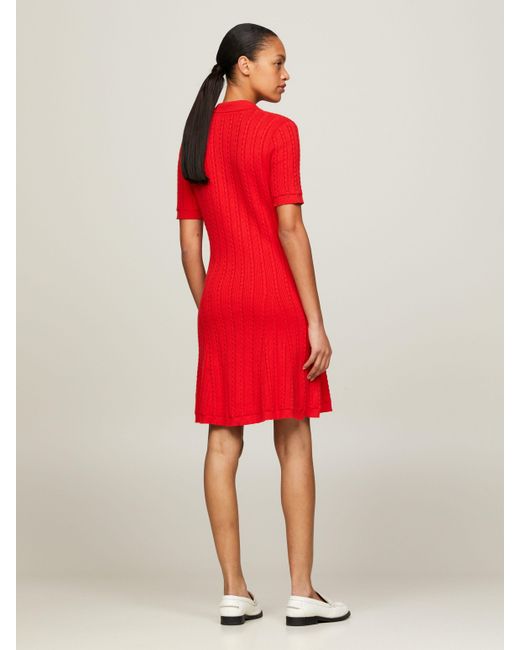 Tommy Hilfiger Red Polokleid CABLE &F POLO SS SWT DRESS mit Mini-Zopfmuster
