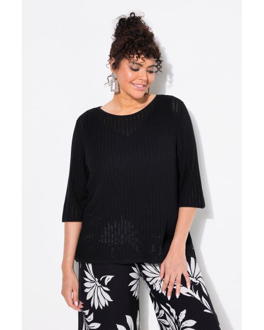 Ulla Popken Black Strickpullover Pullover Ajourmuster U-Boot-Ausschnitt Halbarm