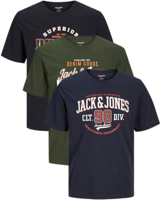 Jack & Jones Print-Shirt (Spar Set, 3er-Pack) Shirts mit Printaufdruck aus Baumwolle in Black für Herren