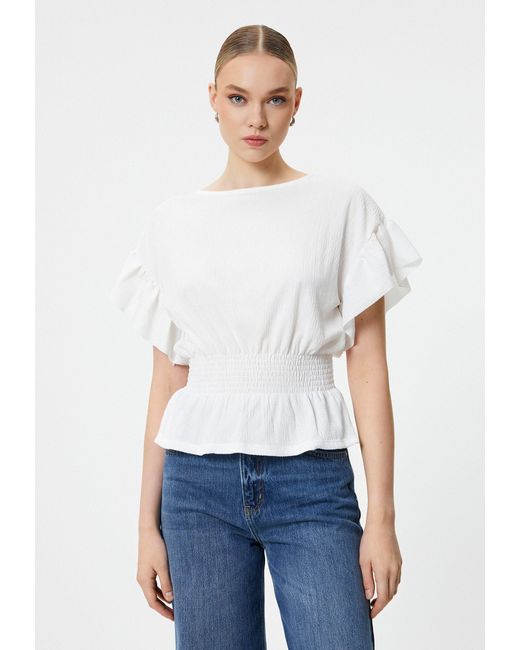 Koton White Kurzarmbluse Kurzärmelig Rundhalsausschnitt Bluse