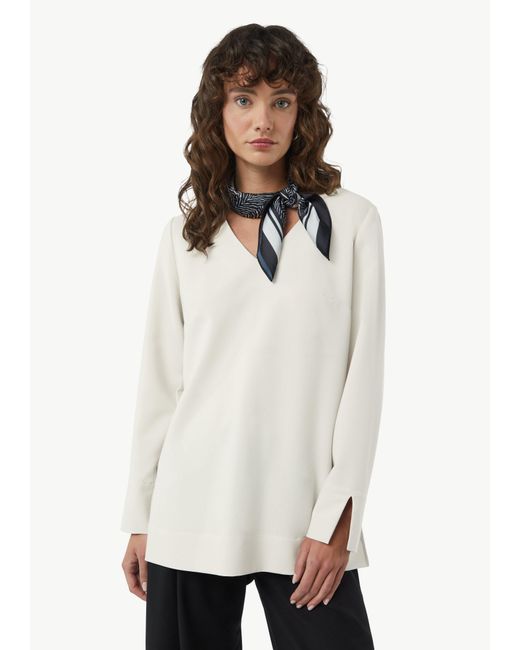 Comma, White Langarmbluse Lange Crêpe-Bluse mit V-Ausschnitt und seitlichen Schlitzen