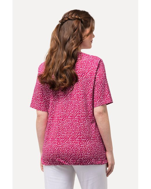 Ulla Popken Pink Rundhalsshirt T-Shirt Gummisaum V-Ausschnitt Halbarm