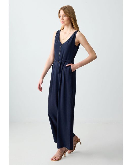 Jimmy Key Blue Gerade geschnittener ärmelloser Jumpsuit aus gewebtem Leinen mit Gürte