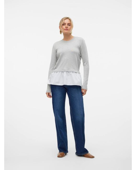 Vero Moda White Rundhalspullover JOSE (1-tlg) Volant