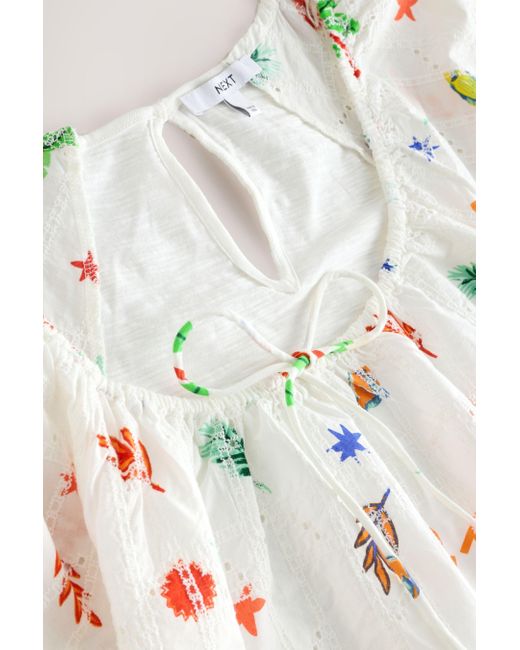 Next White Kurzarmbluse Boho-Kurzarmoberteil mit Zackenlitze, Kurzgröße (1-tlg)