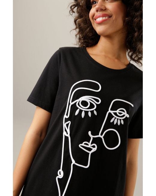 Aniston CASUAL Black T-Shirt mit kunstvollem Kopf aus Kordel und Stickerei