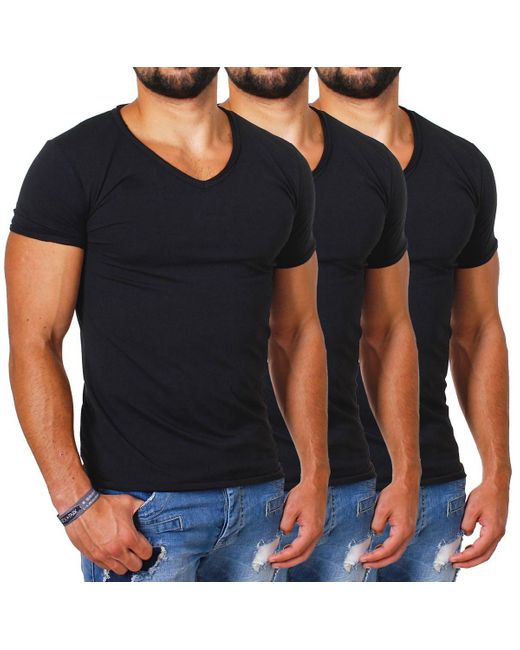 Carisma T-Shirt Uni Basic 4066 tief-breit geschnittener vintage Look V-Ausschnitt unifarben kurzarm slim fit in Blue für Herren