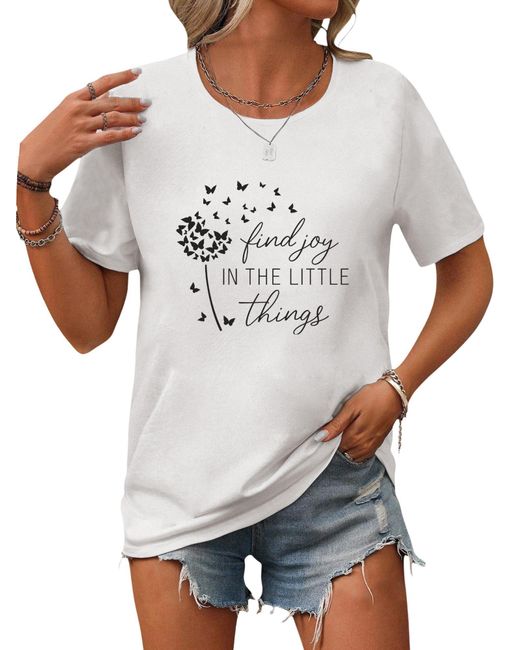 PYL White Rundhalsshirt Sommer Bequemes T-Shirt mit Löwenzahn Ausgefallene Print Tee Bequem für Freizeit und Büro,Strandurlaub