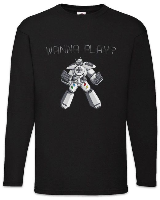 Urban Backwoods Langarmshirt Wanna Play Robot Langarm T-Shirt Retro Gamer Controller Video Game in Black für Herren