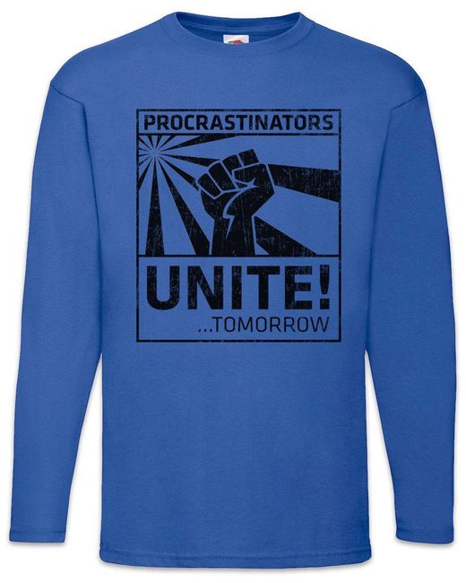 Urban Backwoods Langarmshirt Procrastinators Unite Langarm T-Shirt Geek Nerd Raised Fist Rebellion in Blue für Herren