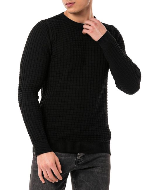 Redbridge Strickpullover mit Strukturmuster – Rundhals, Slim Fit, Klassisch & Modern in Black für Herren