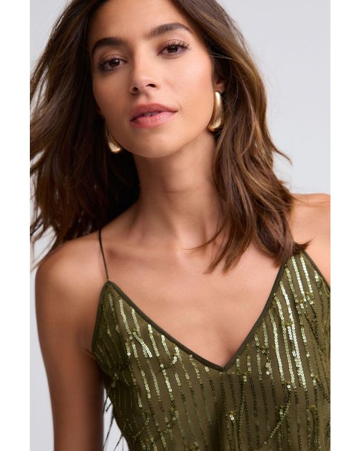 Next Green Trägertop Camisole mit V-Ausschnitt, Pailletten und Fransen (1-tlg)