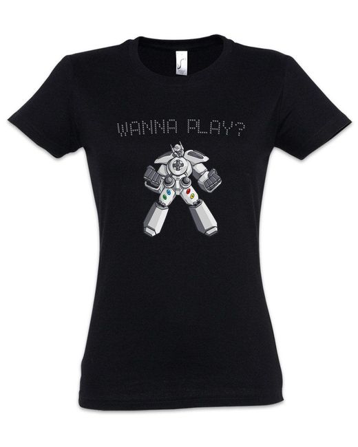 Urban Backwoods Black Print- Wanna Play Robot T-Shirt Retro Gamer Controller Video Game