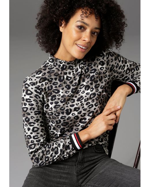 Aniston CASUAL Gray Langarmshirt mit trendigem Animal-Print und gestreiften Bündchen