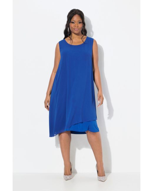 Ulla Popken Blue Cocktailkleid Kleid doppellagig A-Linie Rundhals ärmellos
