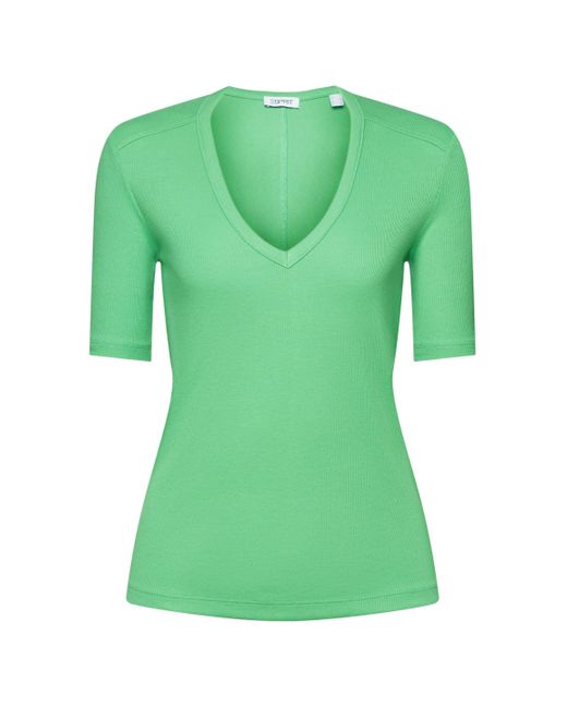 Esprit Green Geripptes T-Shirt mit V-Ausschnitt (1-tlg)