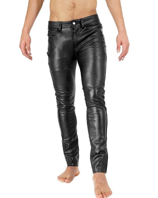 BOCKLE ® Super Skinny Faux Button Kunstlederhise Stretch Lederhose in Black für Herren