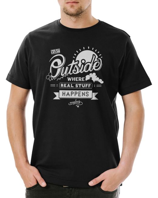 Urban Backwoods Print- Visit Outside Nerd T-Shirt Big Retro Gamer Computer Controller in Black für Herren