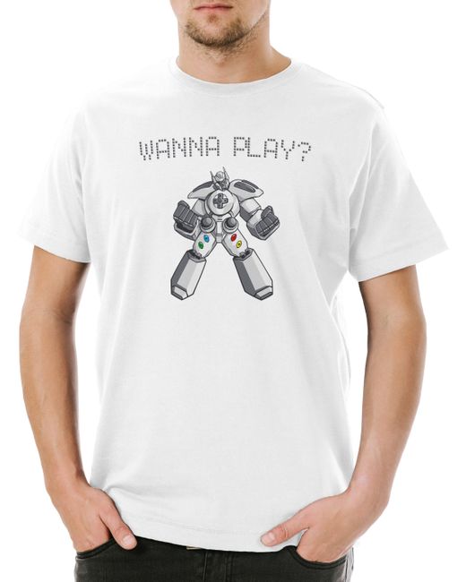 Urban Backwoods Print- Wanna Play Robot T-Shirt Retro Gamer Controller Video Game in White für Herren