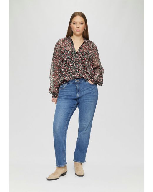 QS Blue Langarmbluse Leicht transparente Chiffonbluse mit All-over-Print Raffung