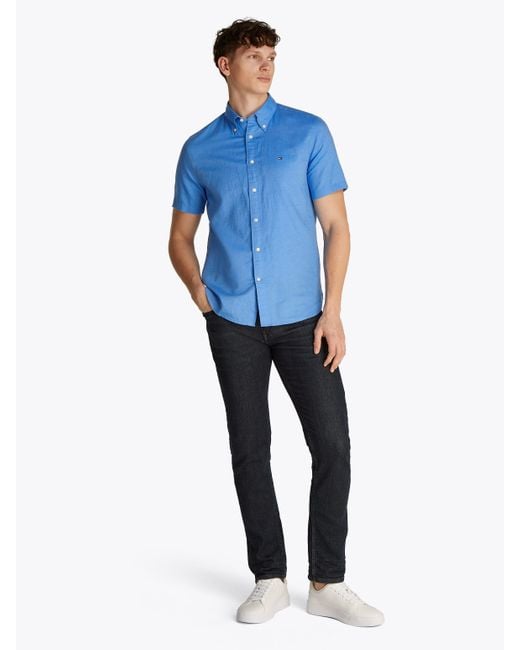Tommy Hilfiger Kurzarmhemd LINEN BLEND SOLID SS RF SHIRT mit Button-down-Kragen in Blue für Herren