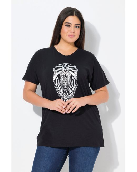 Ulla Popken Black T-Shirt Tiermotiv Oversized V-Ausschnitt Halbarm