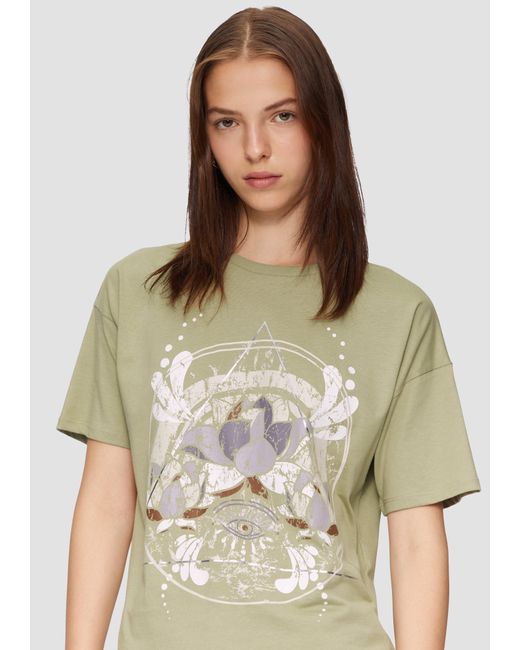 QS White Kurzarmshirt Print-T-Shirt mit überschnittenen Schultern