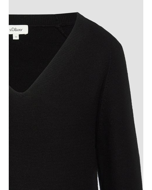 S.oliver Black Gerippter Strickpullover aus Baumwollmix mit V-Ausschnitt