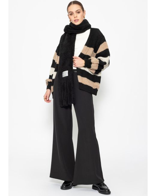 SassyClassy Black Offen fallender Cardigan gestreift aus weichem Strick mit Ballonärmel