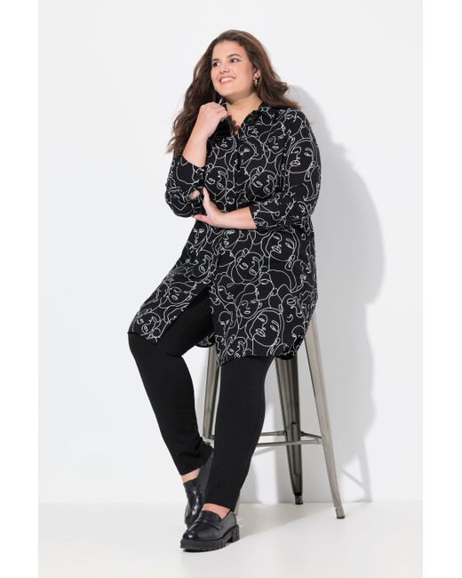 Ulla Popken Blue Longbluse Gesichter A-Linie Hemdkragen Langarm
