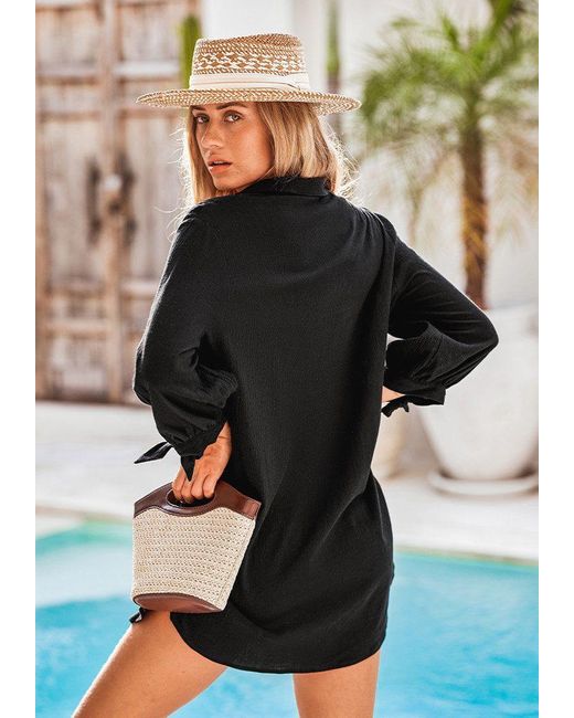 CUPSHE Black Smokkleid Reine Baumwolle Seersucker Mini Cover-Up-Kleid Aufgesetzte Brusttasche