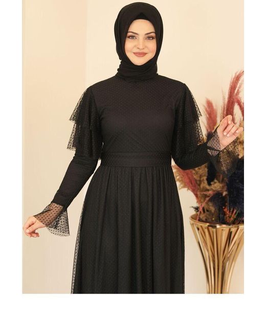 Modavitrini Black Üllkleid Abendkleid aus gepunktetem Tüll Hijab Kleid Abiye Abaya