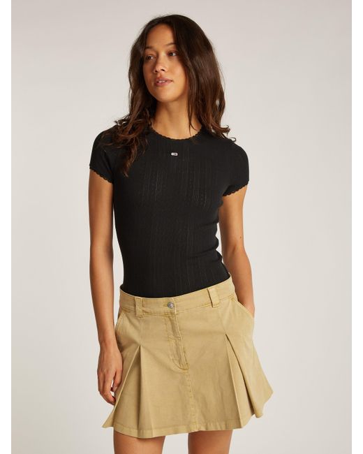Tommy Hilfiger Black T-Shirt TJW SLIM POINTELLE RIB TEE mit Lochmuster