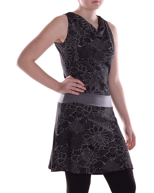 Vishes Black Sommerkleid A-Linie Baumwolle Blumen-Muster Wasserfall-Ausschnitt Taschen Alternative Bekleidung
