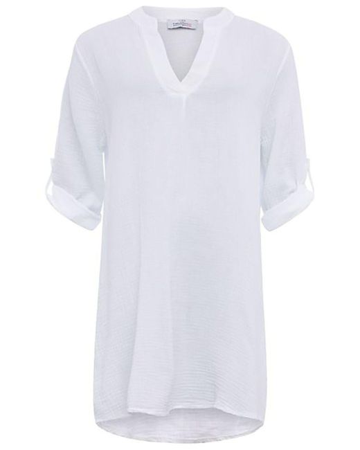 Zwillingsherz White Kurzarmbluse Tunika "Rom" mit verlängerter Rückenpartie, V-Neck und Turn-Up Ärmel