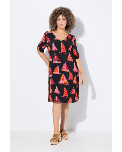Ulla Popken Red Midikleid Strandkleid Boote A-Linie V-Ausschnitt Halbarm
