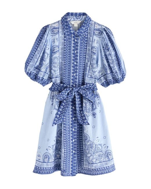 Next Blue Minikleid Mini-Hemdblusenkleid mit Bindegürtel + Puffärmeln (1-tlg)