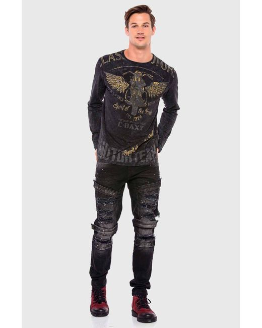 Cipo & Baxx T-Shirt Langarmshirt mit modischem Print in Black für Herren