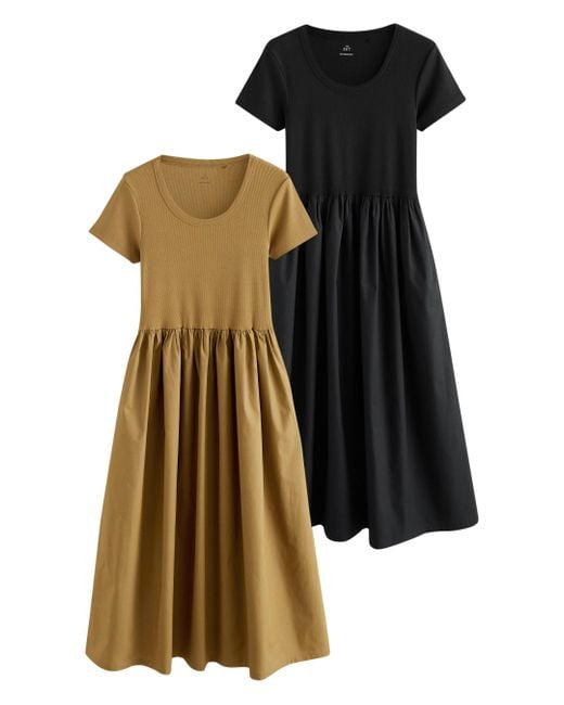 The Set Black Midikleid gerippte Kurzarm-Midikleider im 2er-Pack (2-tlg)