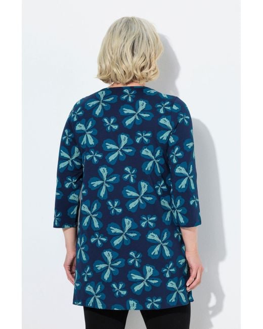 Ulla Popken Blue Longshirt Blüten A-Linie Rundhals 3/4-Arm