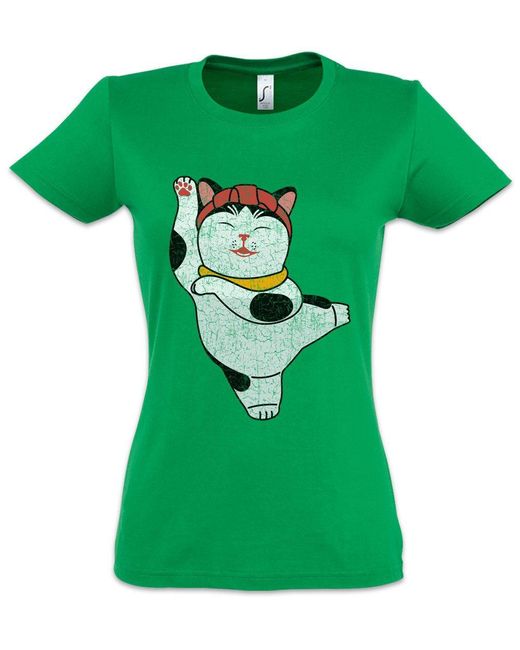Urban Backwoods Green Print- I T-Shirt Cat Katze Winkekatze Maneki-Neko