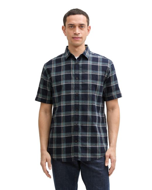 Tom Tailor Kurzarmshirt checked cotton linen shirt in Blue für Herren