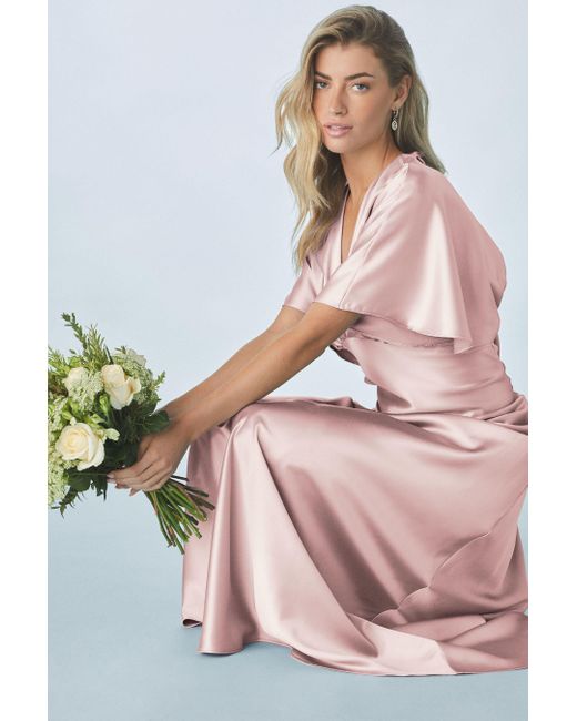 Next Pink Satinkleid Langes Satin-Brautjungfernkleid mit Flatterärmeln (1-tlg)