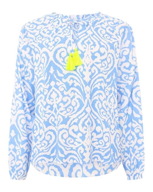 Zwillingsherz Blue Schlupfbluse "Ornamente" tollem Ornament Muster, Bindeband mit Tasseln