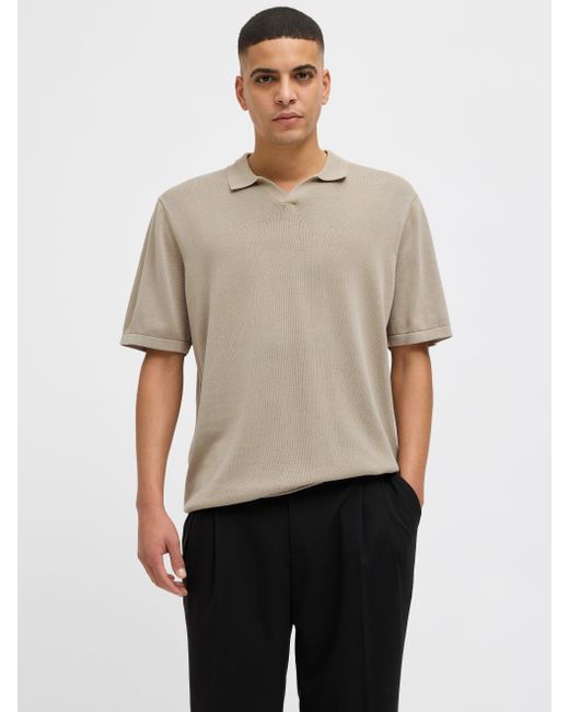 Jack & Jones Kurzarmpullover JJELEO KNIT SS LN mit Polo Kragen in Natural für Herren
