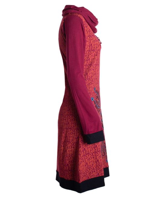 Vishes Red Tunikakleid Schal-Kragen Mandala-Kleid Langarm-Shirtkleid Baumwollkleid Alternative Bekleidung
