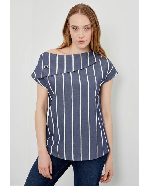 Just Like You Blue Kurzarmbluse Gestreifte, schulterfreie Bluse mit asymmetrischem Kragen