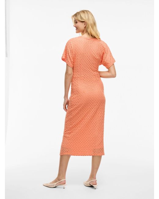 Vila Orange Shirtkleid Geknoteter Taillenbereich, strukturiertes Muster, kurzärmlig
