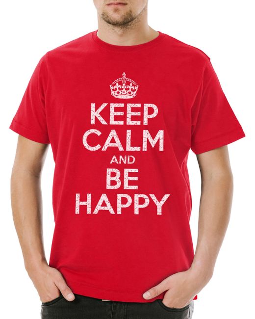 Urban Backwoods Print- Keep Calm And Be T-Shirt Happy ücklich Positive Positiv in Red für Herren