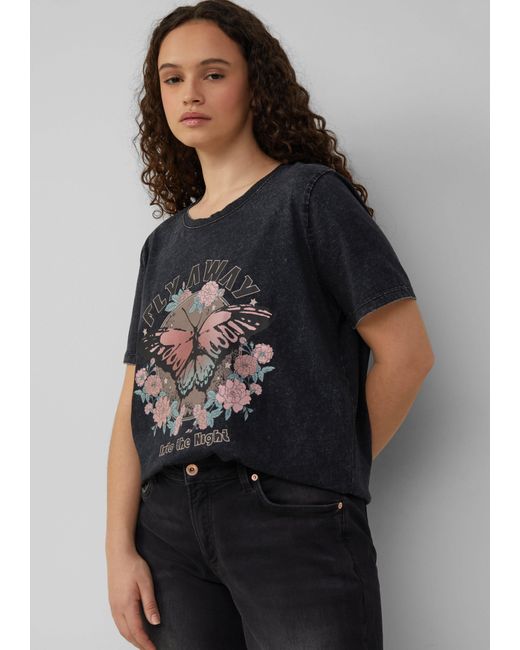 QS Black Kurzarmshirt Baumwollshirt mit Frontprint in gewaschener Optik Waschung
